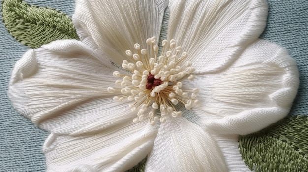 haftowany kwiat na tkaninie